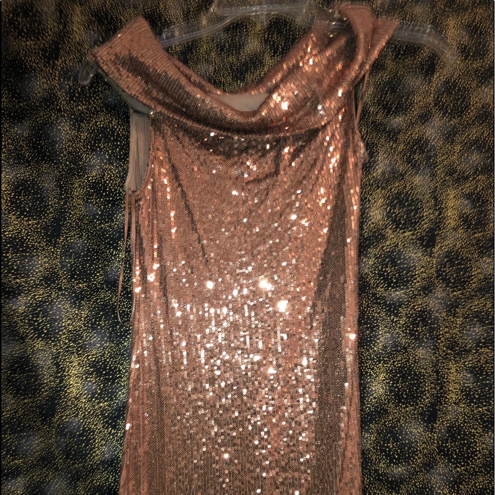 Gold sequins off the shoulder mini